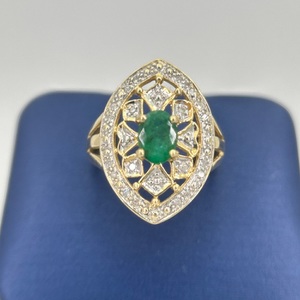  Gold Female 10kt Yellow Cocktail 4.20gms Ring Emerald w/ Diamonds JAGI CERT